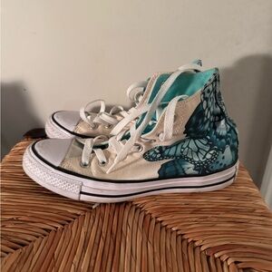 Women’s Converse High Top Sneakers White Beige with Teal Butterfly Print size 7